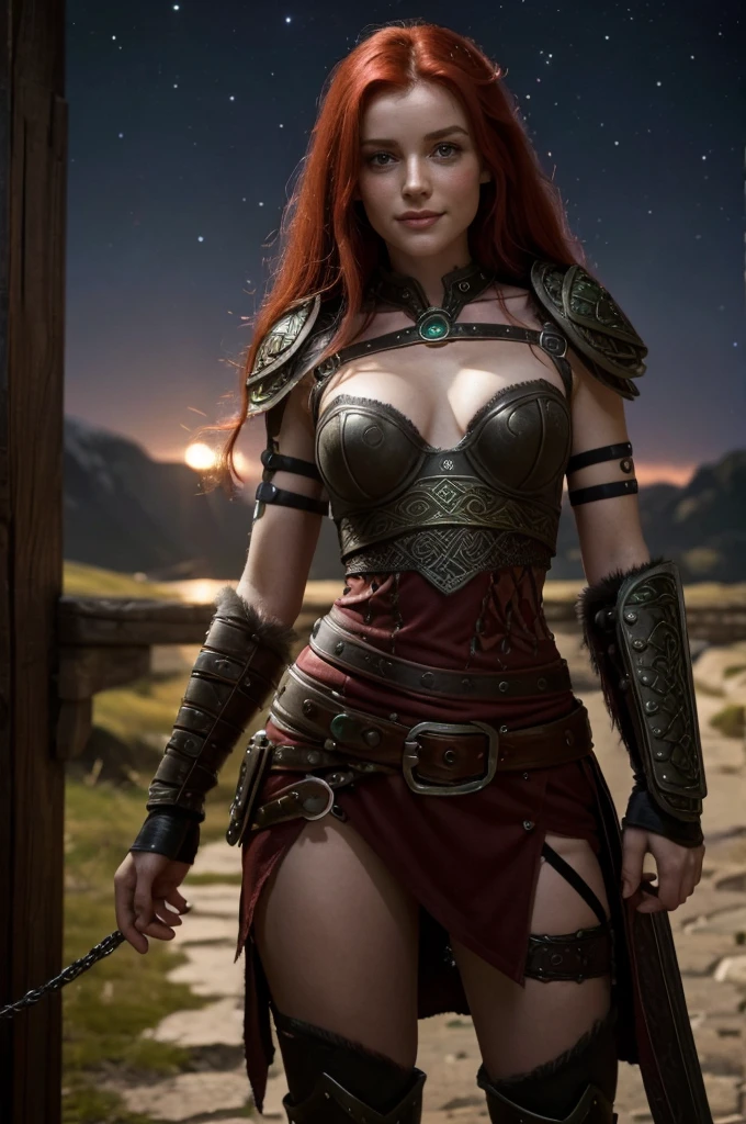 Jeune femme de 25 ans, visage fin, cheveux long, red hairs, yeux verts, tâches de rousseur sur tout le corps, HD, 8K, masterpiece, sourire romantique, sexy, metal lingery, celtic design chest armor, guerrière viking, celtic tattoo, at night, viking chest tattoo, aurore boreale, milky way, 