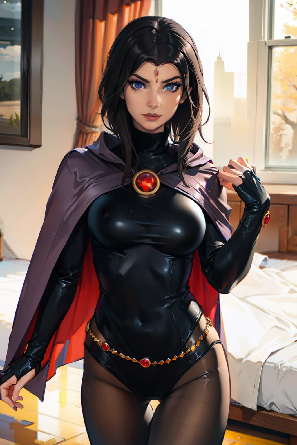 1woman enjinight , beautiful enjinight, sexy woman, RV cowboy shot, hotraven, pale skinned, black leotard, turtleneck, knee tights, cape, glowing eyes, belt, jewelry, medallion, athletic, looking at viewer, night, dark forest , mistborn, mistborn, volumeric lighting, best quality, masterpiece, intricate details, tonemapping, sharp focus, hyper detailed, trending in artstation, realistic