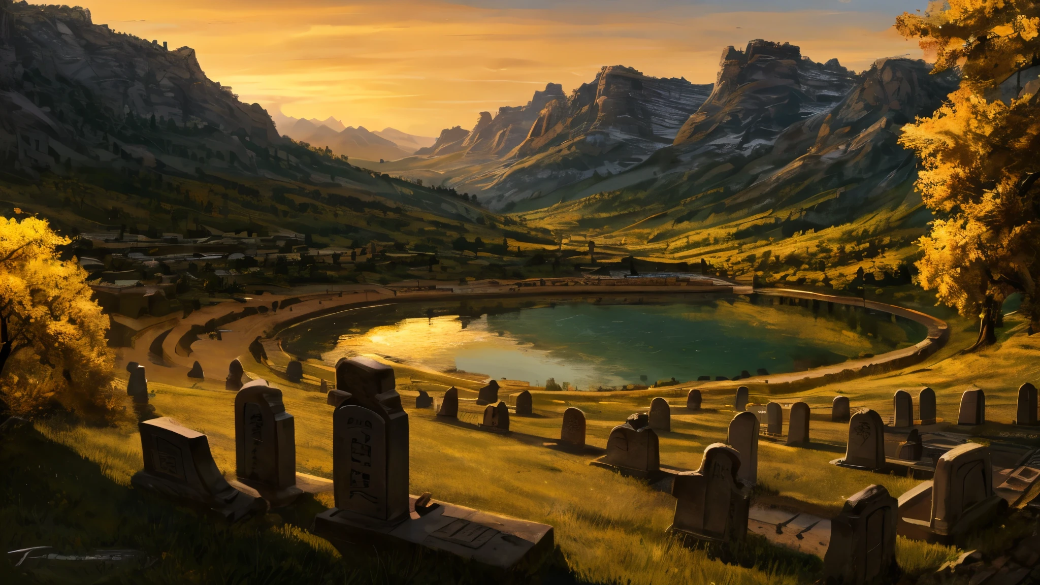 (by Taran Fiddler), (Ancient Chinese cemetery on a mountain plateau with a natural reflection pool.), mountains, one big ginkgo tree in the middle, yellow leaves, golden hour, overexposed light, headstones, low horizon, yellow leaves blowing in the wind, flat ground