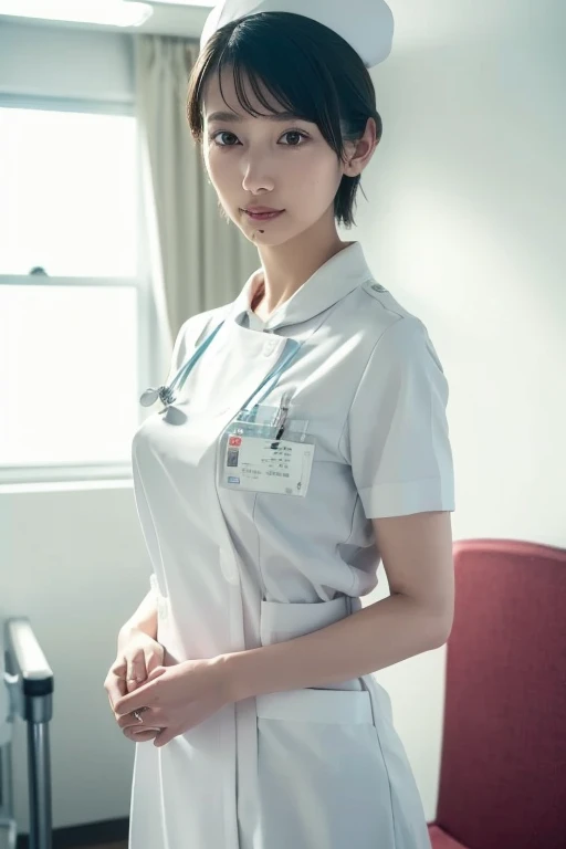 1 girl,(Wearing white nurse clothes:1.2),(RAW Photos, highest quality), (Realistic, photo-Realistic:1.4), masterpiece, Very delicate and beautiful, Very detailed, 2k wallpaper, wonderful, finely, Very detailed CG unity 8k wallpaper, Very detailed, High resolution, Soft Light, Beautiful detailed girl, Very detailed eyes and face, Beautiful and detailed nose, finely beautiful eyes, nurse, Perfect Anatomy, Black Hair, Upstyle, nurse uniform, ((nurse cap)), Long skirt, nurse, White costume, thin, hospital, clear, White Uniform, hospital room, Neck auscultation,(short hair), ((Upper Body))