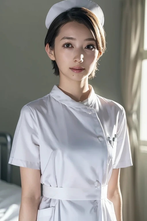 1 girl,(Wearing white nurse clothes:1.2),(RAW Photos, highest quality), (Realistic, photo-Realistic:1.4), masterpiece, Very delicate and beautiful, Very detailed, 2k wallpaper, wonderful, finely, Very detailed CG unity 8k wallpaper, Very detailed, High resolution, Soft Light, Beautiful detailed girl, Very detailed eyes and face, Beautiful and detailed nose, finely beautiful eyes, nurse, Perfect Anatomy, Black Hair, Upstyle, nurse uniform, ((nurse cap)), Long skirt, nurse, White costume, thin, hospital, clear, White Uniform, hospital room, Neck auscultation,(short hair), ((Upper Body))