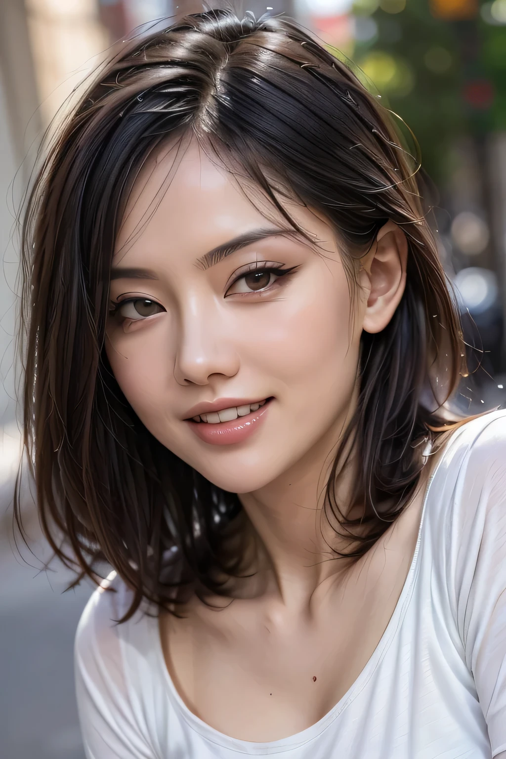 (8k, RAW Photos, highest quality, masterpiece, Realistic, Realistic), (1 female), (The ultimate beautiful Japanese MILF), Highly detailed face, (Perfect Teeth), Beautiful Eyes, double eyelid, eyelash, ((smile)), Lip details, (Neat brunette bob), The light shines on your face, Big Breasts, ((T-Shirts)), (Upper Body), ((background: none))