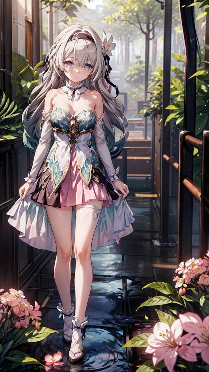 (Pink strapless dress :1.5), silver Long hair, black _ hair band, X-shaped _ eyebrows, hair band, POE _ Hair, bangs, bare shoulders, full body shot, white stockings, white heels, (Peach Blossom Forest:1.3)，Creek，lifting a skirt