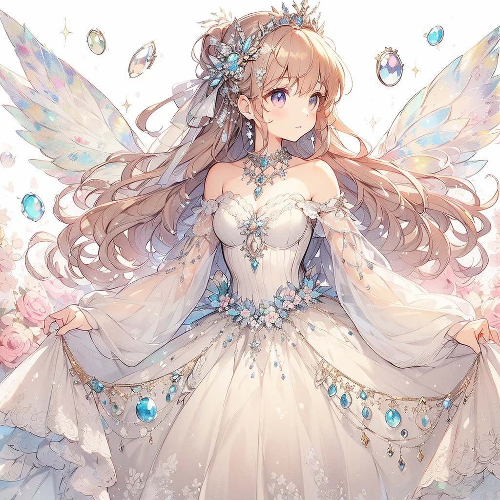 (Exquisite, beautiful, Very detailed, masterpiece, high quality,High resolution),(A cute design illustration of a vibrant and beautiful dress inspired by opals, drawn with soft, thin lines and featuring beautiful opal gemstones and opal accessories in the background.,Pixiv-inspired anime illustration,Watercolor illustrations that go viral among Japanese people on Twitter),A beautiful girl with translucent fairy wings is wearing a long princess-line dress with a bright purple draped peplum on the bottom of the corset, decorated with ribbons and opals, and a long white pannier underneath. The corset is decorated with opals., A lovely, fantastical princess dress inspired by opals.,Opals shine brightly and beautifully like a kaleidoscope