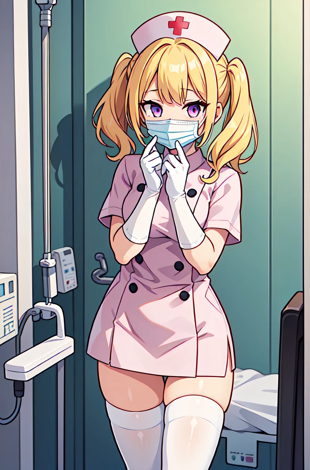 1girl, solo, nurse, nurse cap, white nurse uniform, ((white legwear, zettai ryouiki)), white gloves, twintails, yellow hair, purple eyes, ((white surgical mask, covered nose)), standing, ((hospital room)), sharp outline, short sleeves, best quality, masterpiece