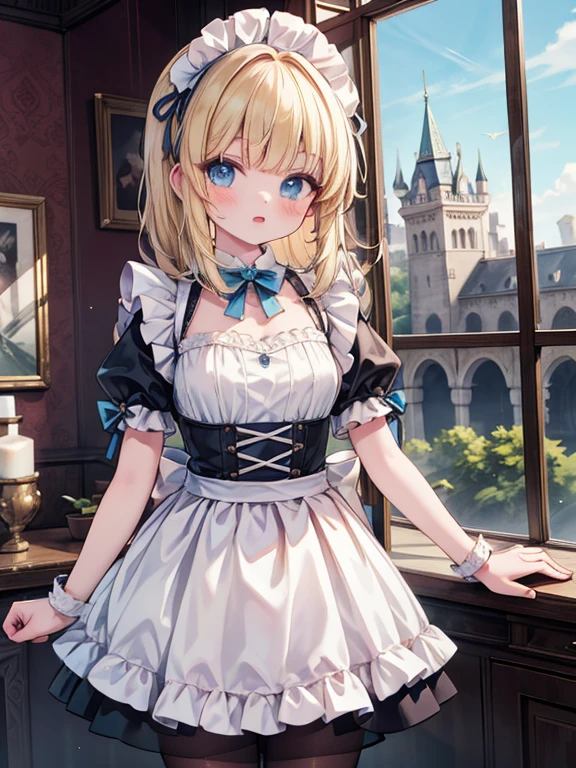 masterpiece, highest quality, Very detailed, 16k, Ultra-high resolution, Cowboy Shot, , Perfect Fingers, Detailed face, blue eyes, blonde, Braiding, Long Hair, Black maid outfit, Castle gardens, Drying lots of sheets