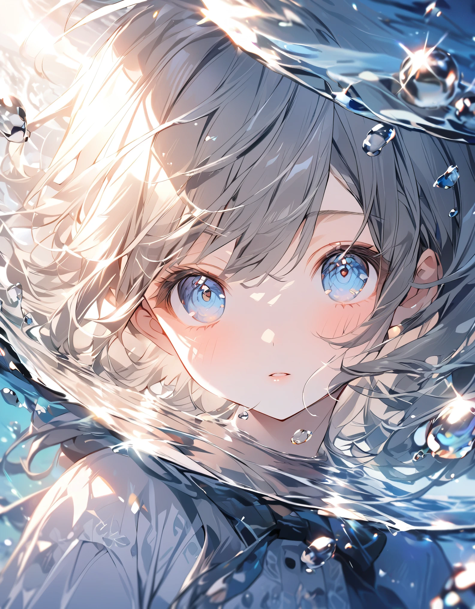 art： (A girl with beautiful deep eyes. The depth of field in the photo is perfect、Lens flares create a nice atmosphere. The details of her face really stand out, This photo definitely gets a 10 or more.. background, There is a beautiful sea with crystal clear water and water droplets floating on the surface.
