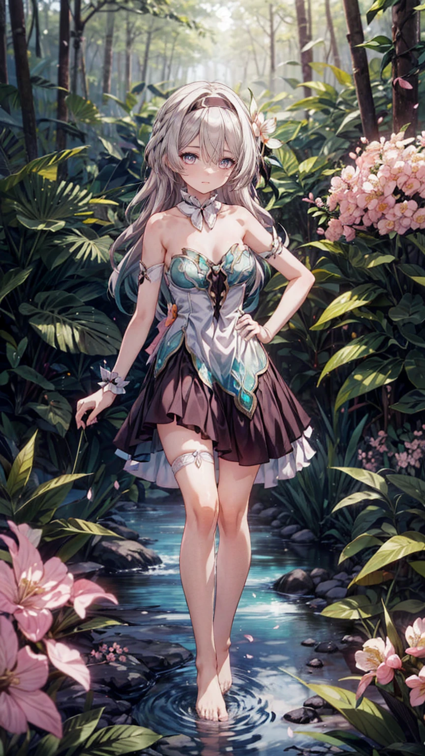 (Pink strapless dress :1.5), silver Long hair, black _ hair band, X-shaped _ eyebrows, hair band, POE _ Hair, bangs, bare shoulders, full body shot, white stockings, (Peach Blossom Forest:1.3)，Creek，Bare feet，soaking feet，hand on hip