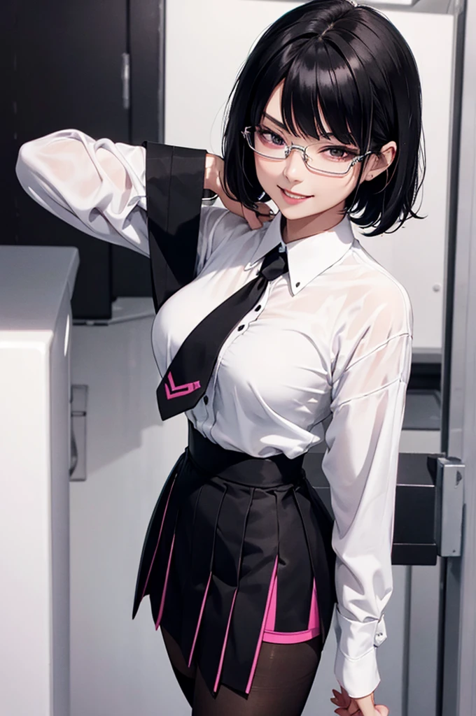 juri han, work of art, tight white secretary shirt with black tie, black high waist skirt, short skirt, short hair, black hair, black tights
evil smile,oculos