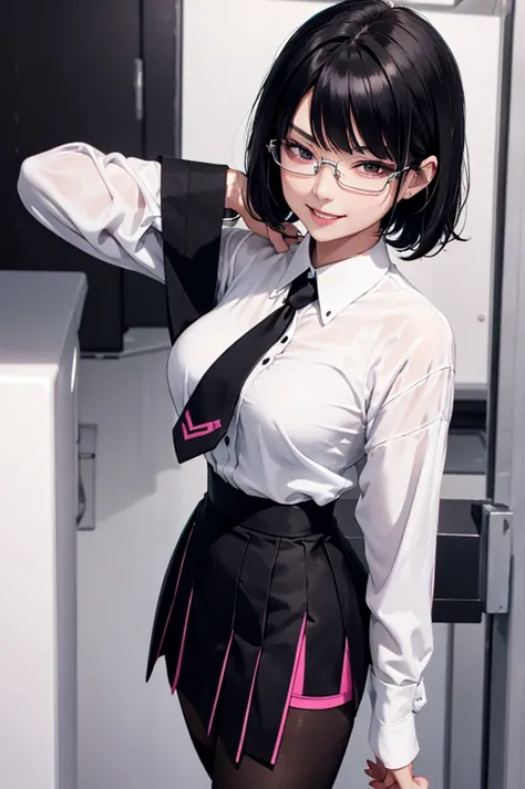 juri han, work of art, tight white secretary shirt with black tie, black high waist skirt, short skirt, short hair, black hair, ...