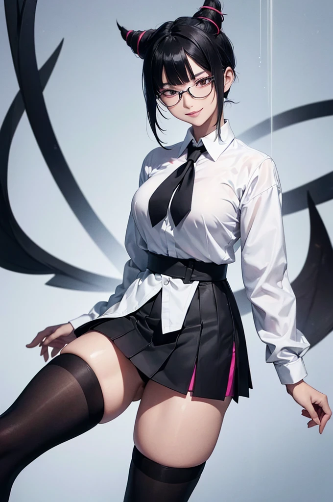 juri han, work of art, tight white secretary shirt with black tie, black high waist skirt, short skirt, short hair, black hair, black tights
evil smile,oculos