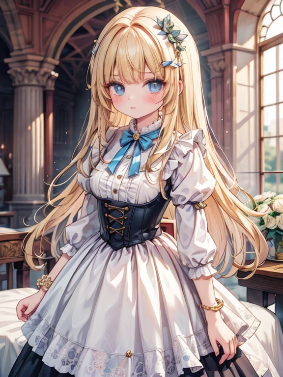 masterpiece, highest quality, Very detailed, 16k, Ultra-high resolution, Cowboy Shot, 14-year-old girl, Perfect Fingers, Detailed face, Super big , blue eyes, blonde, Braiding, Long Hair, victorian dress, Black maid outfit, Castle gardens, Drying lots of sheets