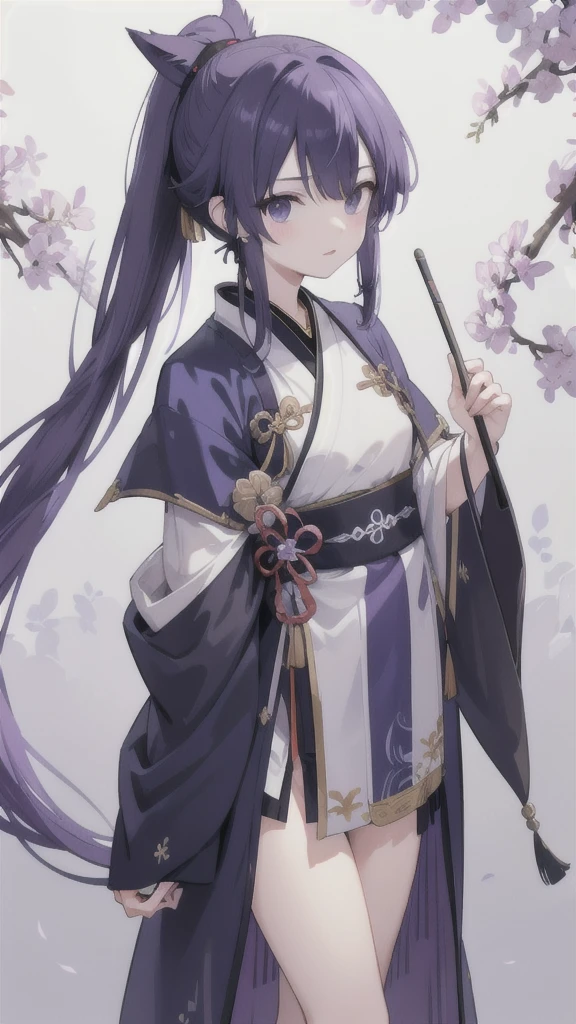 Navy blue short ponytail，black eyes，Wolf's ears，Purple Hanfu armor，longbow