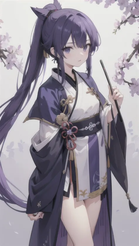 navy blue short ponytail，black eyes，wolf's ears，purple hanfu armor，longbow