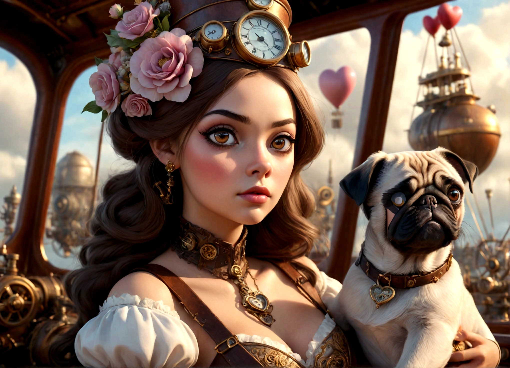 A lovely woman in an elegant dress with exposed breasts, a pug - SeaArt AI