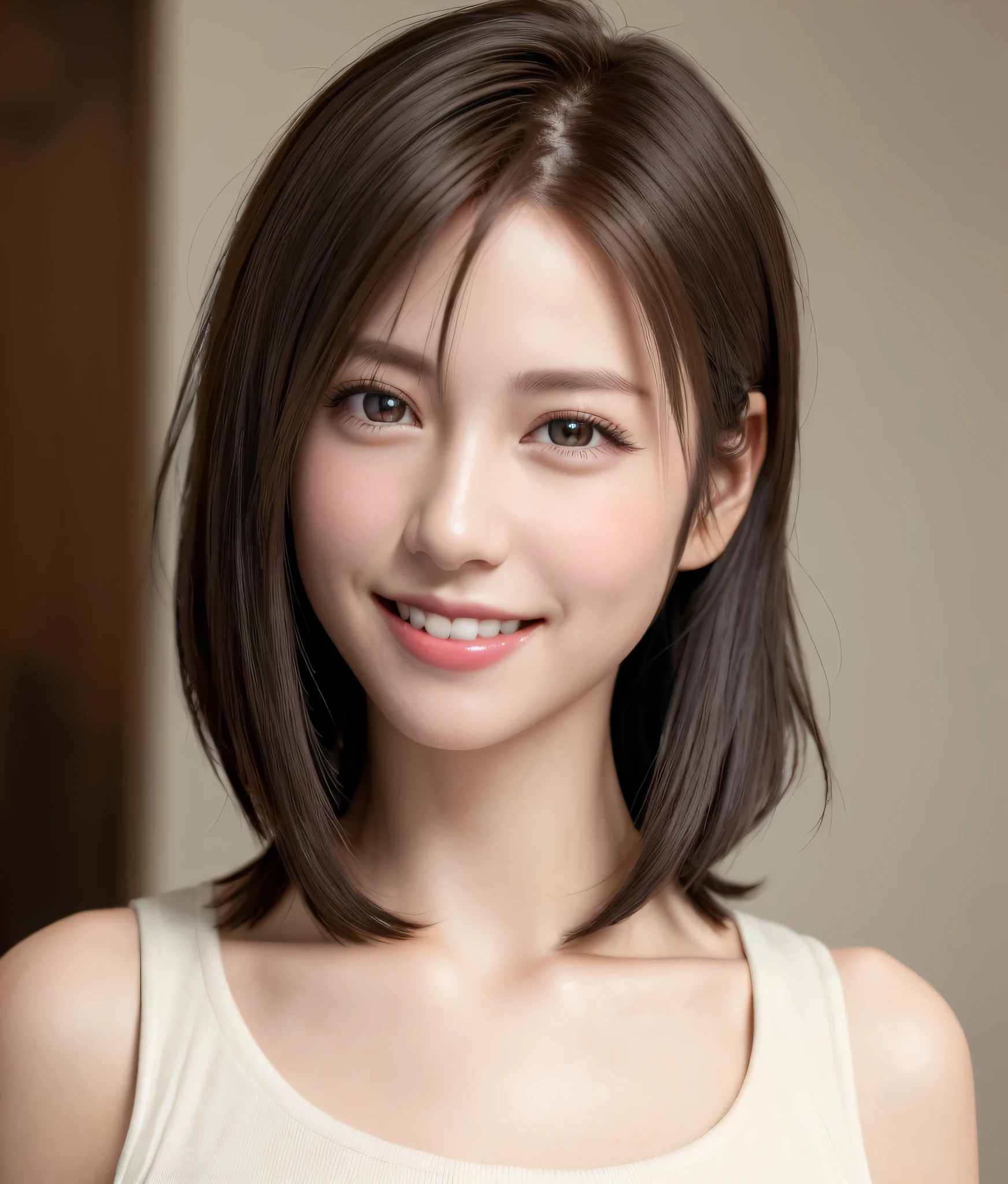 of the highest quality, masutepiece, (Photorealistic: 1.4), One Woman, Short hair, Best Quality, masutepiece, (Photorealistic: 1.4), single woman, Golden ratio, Perfect face, close up of face, a short bob, Short hair, Smile from different angles, Smile, Glossy, High Rig...