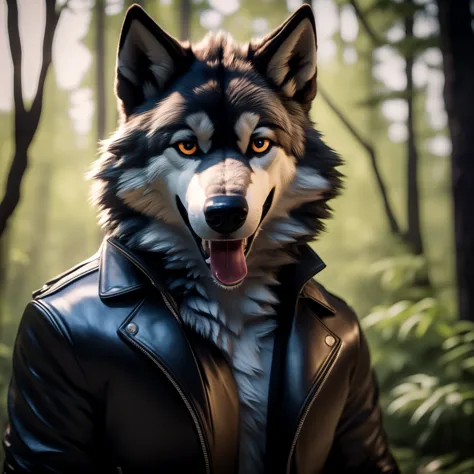 Posing, Male, 30 years old, (wink:1.5), mouth open, tongue hanging out, black leather jacket, anthro, wolf ears, (black fur:1.5)...