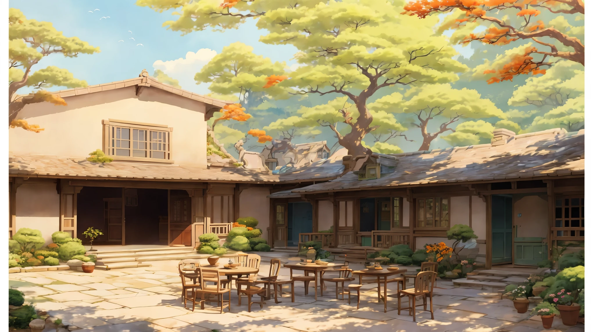 Draw a courtyard with a table, Chair, and a tree, Chinese courtyard, english house structure, Warm late autumn colors, Table and Chair in the yard, Fruit plate on the table, flowers and plants around, Beautiful art illustration, Landscape Artwork, Autumnal, Zhou Chen, There is a persimmon tree, Full of red persimmons, Wide angle lens, Vision, artwork, Anime Background Art, Studio Ghibli Art, Studio Ghibli Environment, Beautiful Numbers, Detailed view - width 672, Studio Ghibli style, Studio Ghibli Sunshine, Beautiful Numbers艺术作品, Painting by Ni Yuanlu, Studio Ghibli style