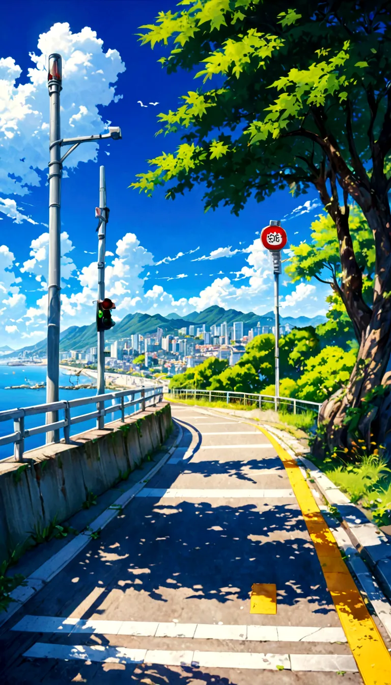 A painting depicting a waterside street, Traffic light on pole, rio de janeiro in an Japanese Manga film, Japanese Manga. author...