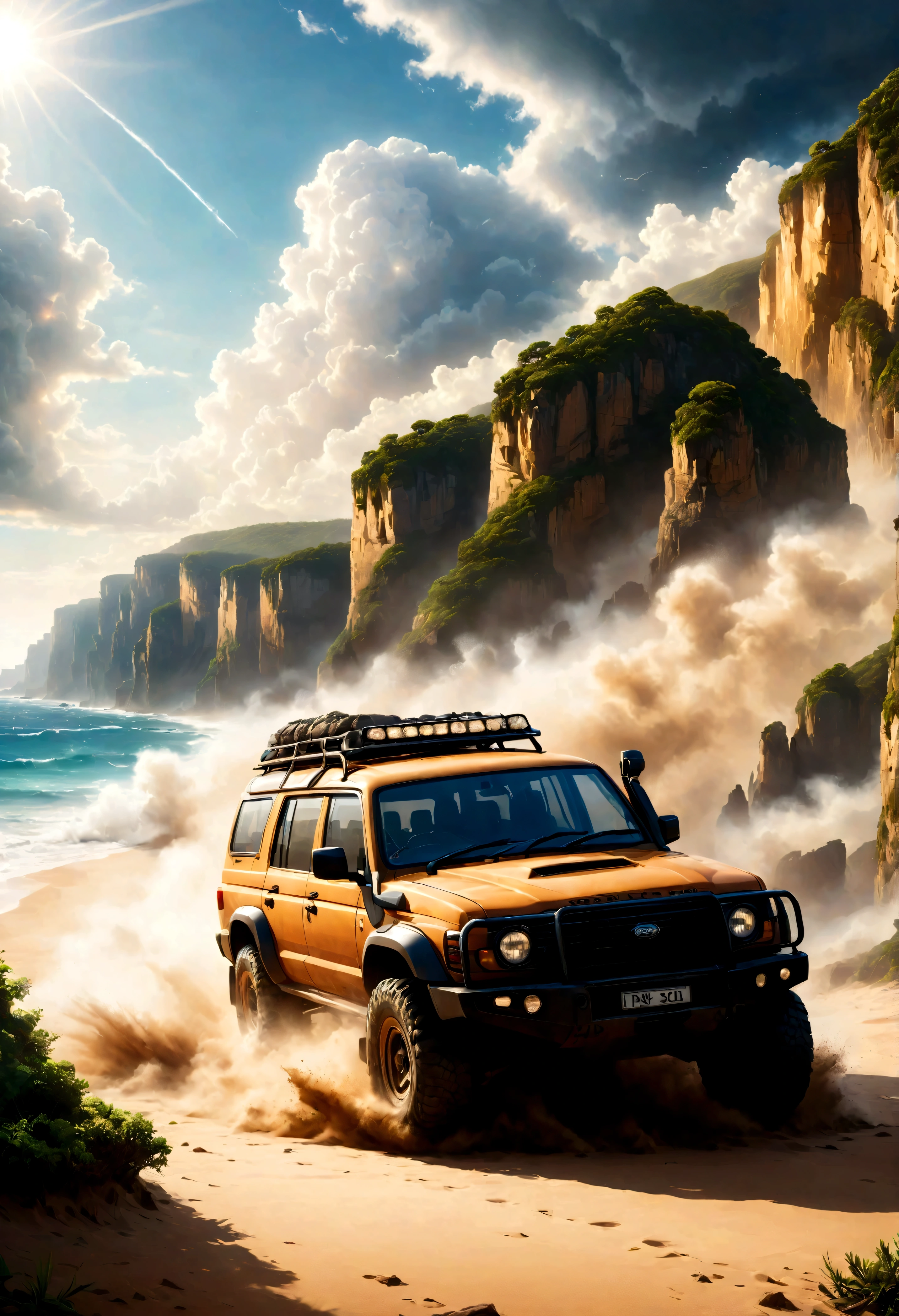 일련의 높은 절벽이 있는 해변을 따라 속도를 내는 4WD 차량의 그림, 먼지 구름과 함께.