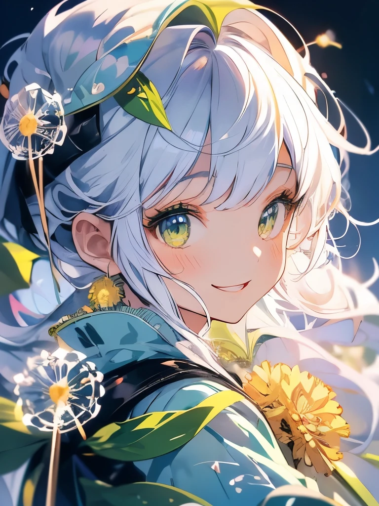 Masterpiece、smile、Anime Girls, White Hair、 Green Eyes、可愛いAnime Girls、smile、((Yellow dandelion))、Fractal Art、Gwaiz、Garden、Flower Garden