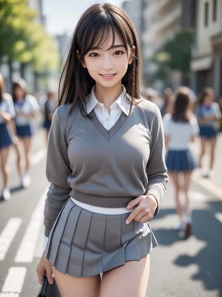 (8k, RAW Photos, highest quality, masterpiece:1.2), (Realistic, photo-Realistic:1.4), (Highly detailed 8k wallpaper), Sharp focus, Depth of written boundary, Cinematic lighting, Soft Light, Eyes of delicate beauty, shiny smooth light brown Long Bob Hair, Asymmetrical bangs, Glowing Skin, Ultra-dense skin,High resolution, High Detail, Detailed hairstyle, Detailed facial beauty, hyper Realistic, Perfect limbs, Perfect Anatomy, 1 Japanese girl, Famous Japanese Idols, Perfect female body, Large Breasts, (smile), Short eyelashes, double eyelid, Long Bob Hair, (school uniform : 1.3), (Micro Mini Skirt Grey Micro Mini Skirt:1.3), Watching the audience, (Crowded street:1.3), Cowboy Shot