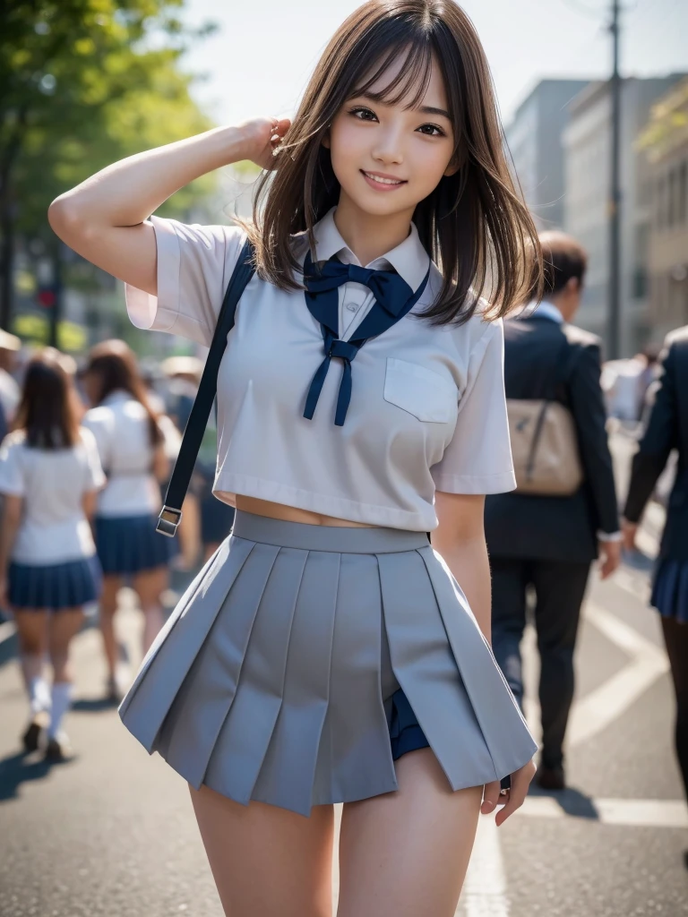 (8k, RAW Photos, highest quality, masterpiece:1.2), (Realistic, photo-Realistic:1.4), (Highly detailed 8k wallpaper), Sharp focus, Depth of written boundary, Cinematic lighting, Soft Light, Eyes of delicate beauty, shiny smooth light brown Long Bob Hair, Asymmetrical bangs, Glowing Skin, Ultra-dense skin,High resolution, High Detail, Detailed hairstyle, Detailed facial beauty, hyper Realistic, Perfect limbs, Perfect Anatomy, 1 Japanese girl, Famous Japanese Idols, Perfect female body, Large Breasts, (smile), Short eyelashes, double eyelid, Long Bob Hair, (school uniform : 1.3), (Micro Mini Skirt Grey Micro Mini Skirt:1.3), Watching the audience, (Crowded street:1.3), Cowboy Shot