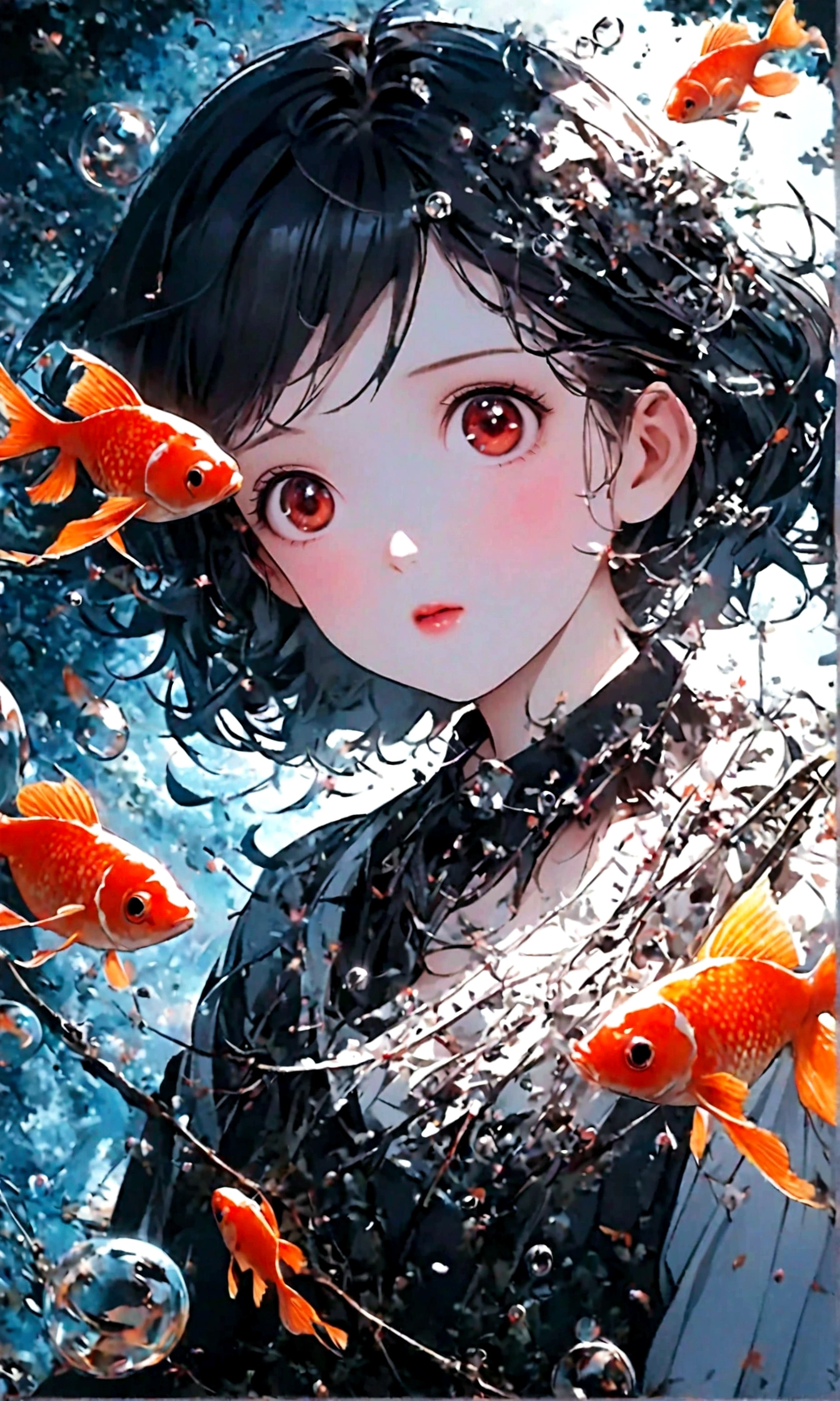 (woman\(student, 15 years old, JK, Silver flowing short hair, Cosmic eyes, Black , Pale skin, Tired face，Eyes without luster\) look up to the sky), (Many goldfish swimming in the air), Beautiful sky, Beautiful clouds, in summer，Colorful flowers blooming everywhere, (Crystal clear bubbles sparkle in the sky), There is a midday moon and a midday star in the sky, woman is at messy downtown, rest ,quality\(8K,Extremely detailed CG unit wallpaper, masterpiece,High resolution,top-quality,top-quality real texture skin,Surrealism,Improve resolution,RAW photos,Best quality,Very detailed,wallpaper,movie lighting,Ray Tracing,Golden Ratio\),(long shot),Wide-angle lens,