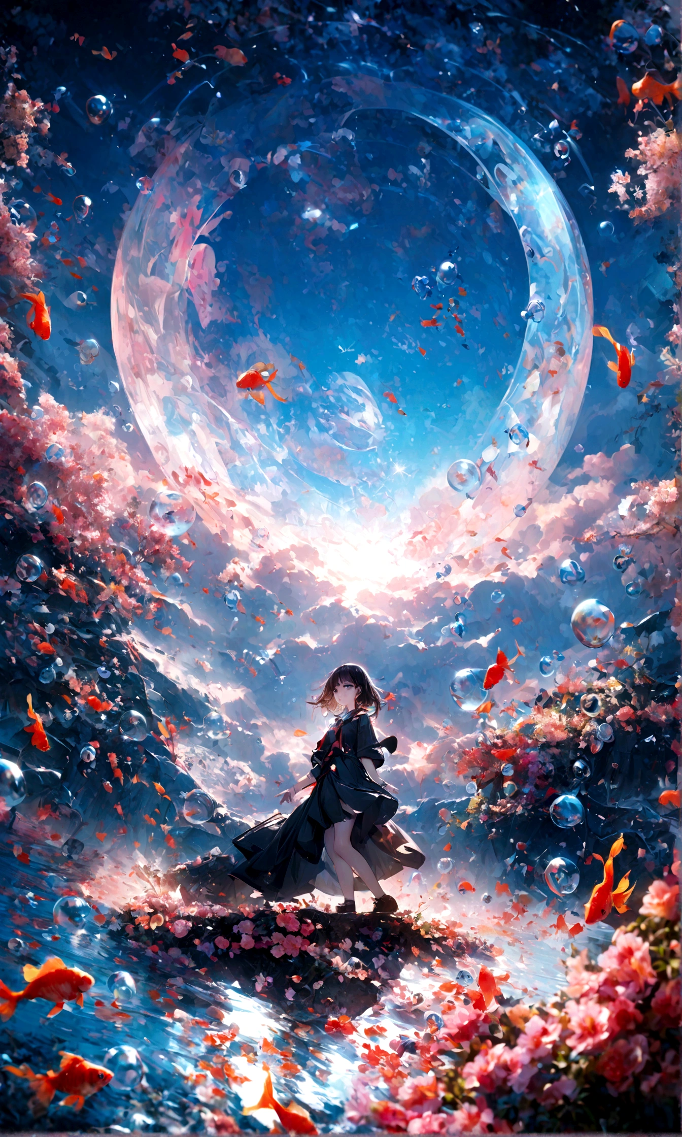 (woman\(student, 15 years old, JK, Silver flowing short hair, Cosmic eyes, Black school uniform, Pale skin, Tired face，Eyes without luster\) look up to the sky), (Many goldfish swimming in the air), Beautiful sky, Beautiful clouds, In summer，Colorful flowers blooming everywhere, (Crystal clear bubbles sparkle in the sky), There is a midday moon and a midday star in the sky, woman is at messy downtown, rest ,quality\(8k,Extremely detailed CG unit wallpaper, masterpiece,High resolution,top-quality,top-quality real texture skin,Surrealism,Improve resolution,RAW photos,Best quality,Very detailed,wallpaper,movie lighting,Ray Tracing,Golden Ratio\),(long shot),Wide-angle lens,