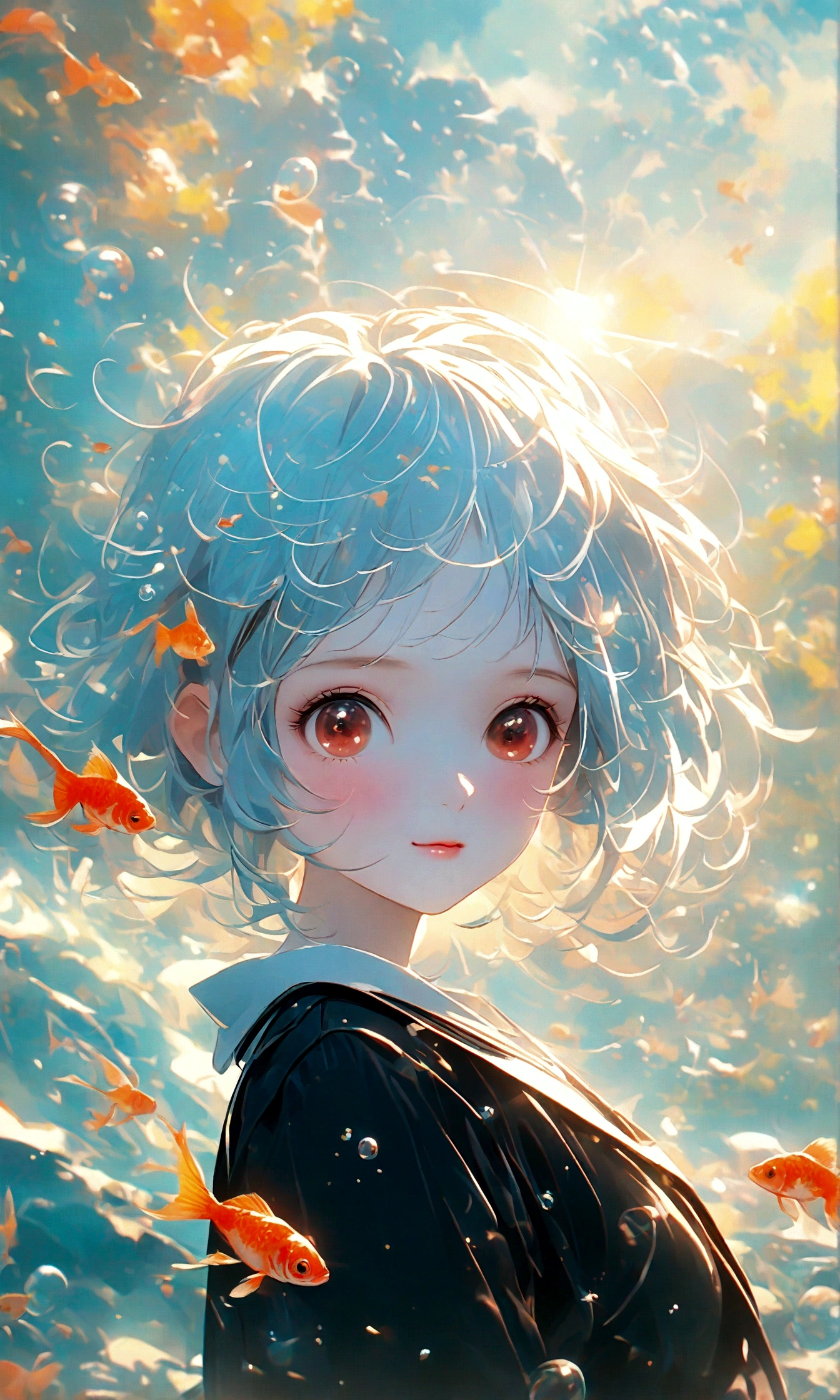 (woman\(student, 15 years old, JK, Silver flowing short hair, Cosmic eyes, Black school uniform, Pale skin, Tired face，Eyes without luster\) look up to the sky), (Many goldfish swimming in the air), Beautiful sky, Beautiful clouds, In summer，Colorful flowers blooming everywhere, (Crystal clear bubbles sparkle in the sky), There is a midday moon and a midday star in the sky, woman is at messy downtown, rest ,quality\(8K,極為細緻的CG單元wallpaper, masterpiece,High resolution,top-quality,top-quality real texture skin,Surrealism,Improve resolution,RAW photos,Best quality,Very detailed,wallpaper,movie lighting,Ray Tracing,Golden Ratio\),(long shot),Wide-angle lens,