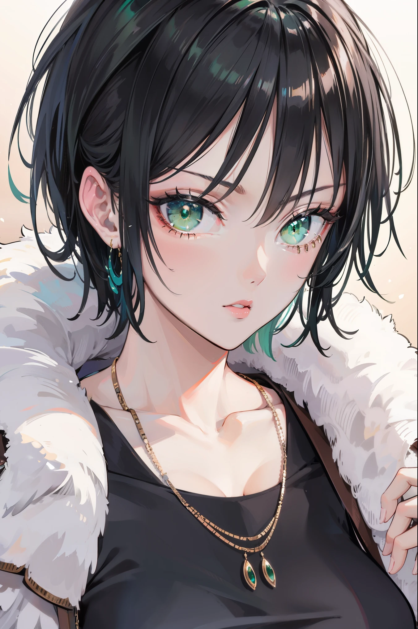 fubuki, fubuki, black hair, (green eyes:1.5), short hair,
BREAK black dress, dress, fur coat, high collar, jewelry, necklace, off shoulder, taut clothes, taut dress,
BREAK outdoors,
BREAK looking at viewer,
BREAK (masterpiece:1.2), best quality, high resolution, unity 8k wallpaper, (illustration:0.8), (beautiful detailed eyes:1.6), extremely detailed face, perfect lighting, extremely detailed CG, (perfect hands, perfect anatomy),