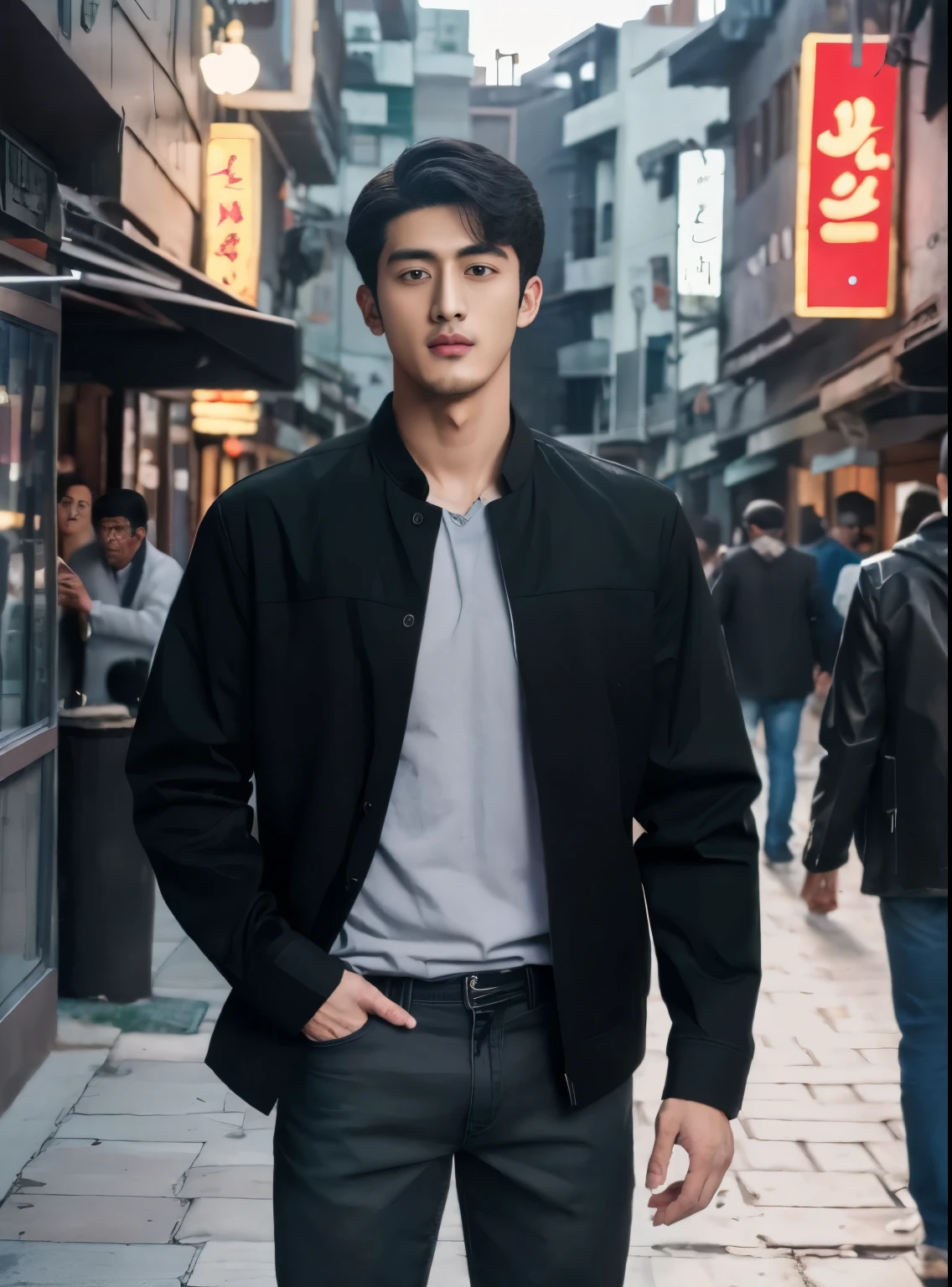 Hombre árabe con chaqueta negra y jeans parado en la acera, inspired por Zhang Han, hombre coreano, Shin Jin Young, Kim Do-young, Cai Xu Kun, pintar ulzzang, Jung Jae Hyun, Ryan Jia, un chico guapo，pelo corto negro, Guapo barbilla de Chad, por Zhang Han, Yanjun Chent, inspirado en Zhou Chen