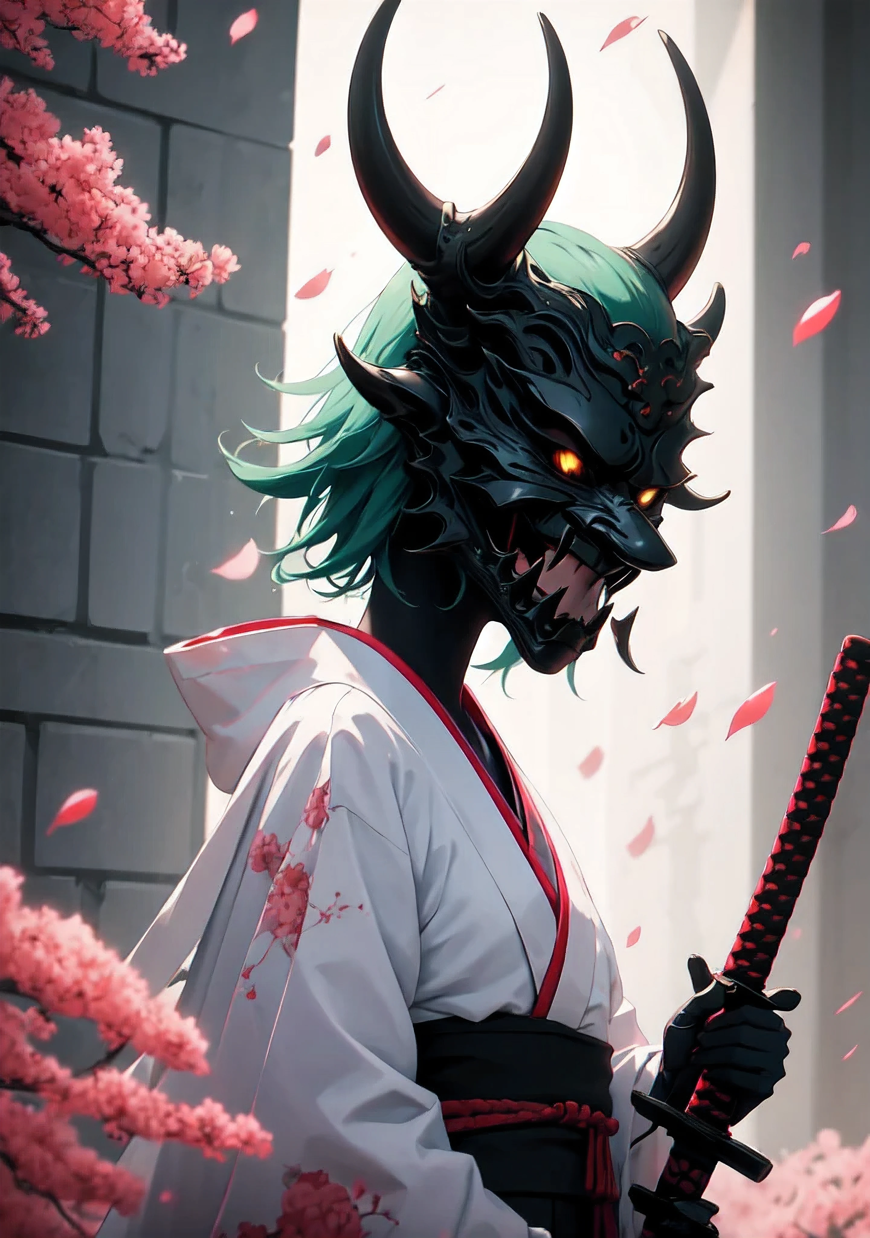 dark theme, oni_mask, gavial, 1girl, green hair, short hair, yellow eyes, pointy ears, japanese clothes, kimono, black kimono, (glowing: 1.1), (glowing eyes: 1.1), horned helmet, (mask on head: 1.1), (oni: 1.21), (red mask: 1.21), holding weapon, holding sword, katana, upper body, looking at viewer, petals, cherry blossoms, blurry, solo, Holding a Katana