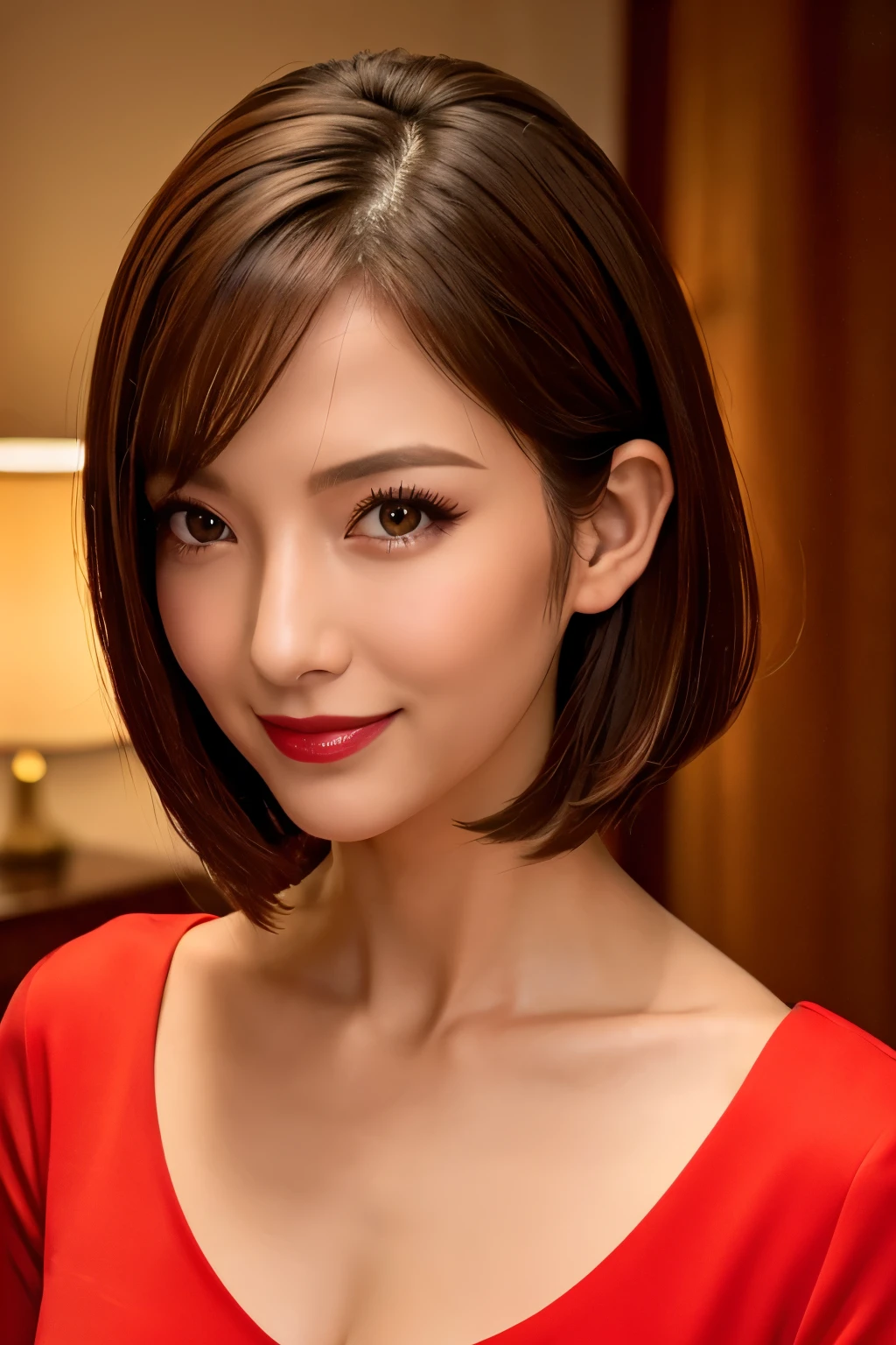 highest quality. Tabletop, 8k, Best image quality, One Woman, Perfect V-neck long knit red sweater, Waist up upper body shot, (Look forward), Red eyeshadow, Perfect Makeup, Long eyelashes, Ultra HD Shining Eyes, Ultra HD Hair, Ultra High Resolution Glossy Lips, Ultra HD cute face, Brown Hair, Very short straight hair, Look at me and smile, clavicle, Accurate anatomy, Face close-up, Luxury Love Hotel, The most atmospheric and warm lighting, Blurred Background, (View your viewers)