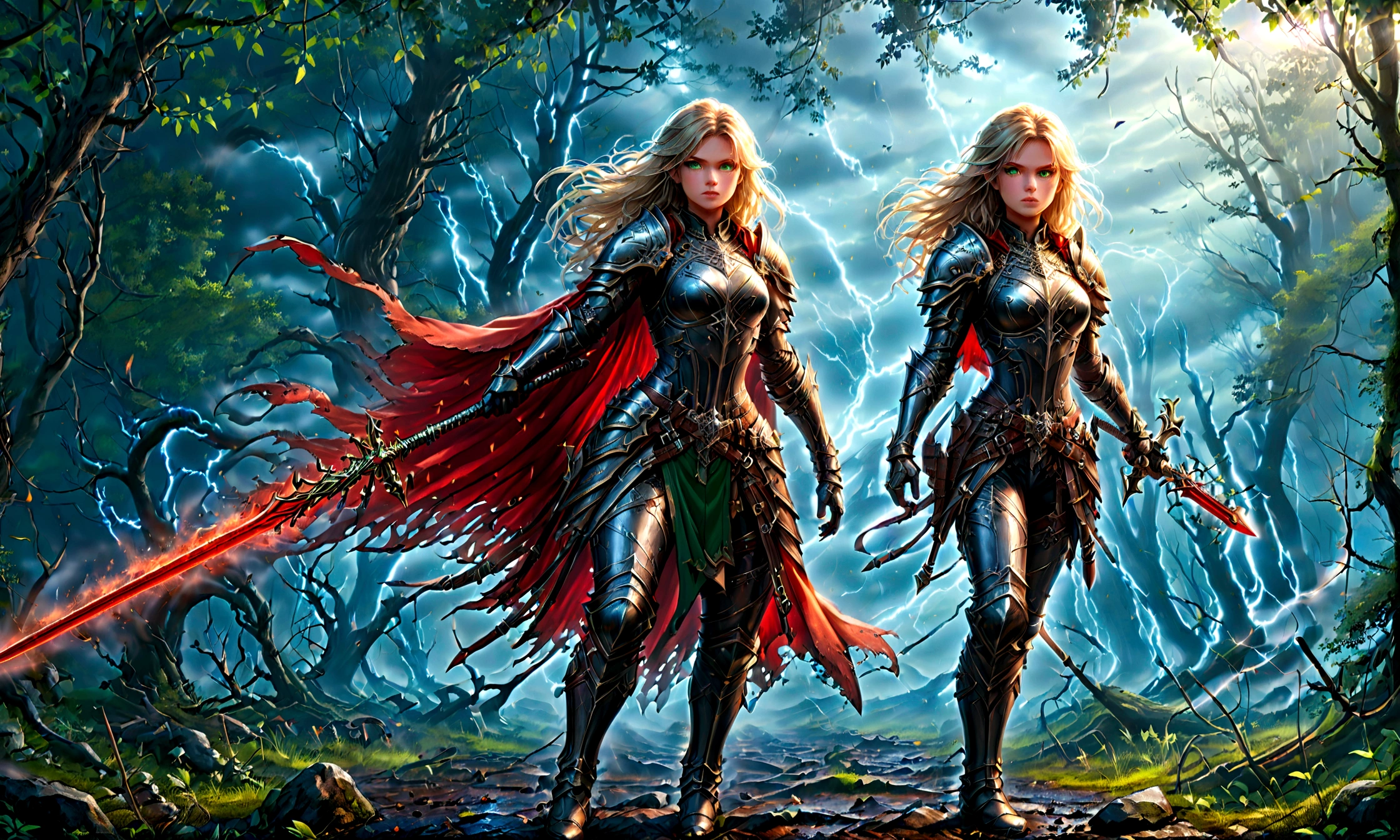 fantasy art, RPG art, Dark fantasy art, ultra wide shot, RAW, photorealistic, a picture of (1single: 1.5) female human ranger, the ranger, an exquisite beautiful human woman, long blond hair, braided hair, green eyes, wearing leather armor, wearing (red cloak: 1.1), armed with a (sword: 1.3), wearing laced boots, standing in a dark forest at night, (mist rising from the grounds: 1.3), a sense of dread and fear, yet she stands defiant and fearless, dark fantasy forest background, best quality, 16k, [ultra detailed], masterpiece, best quality, (ultra detailed), full body, ultra wide shot, photorealism, Sword and shield, aetherpunkai