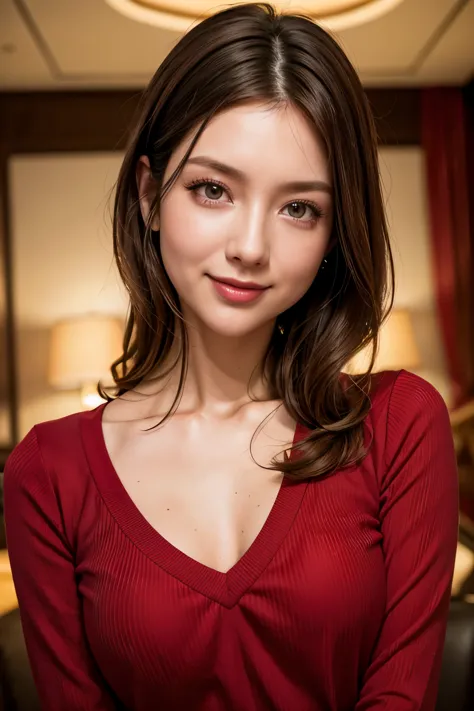 highest quality. Tabletop, 8k, Best image quality, One Woman, Perfect V-neck long knit red sweater, Waist to upper body shot, (l...