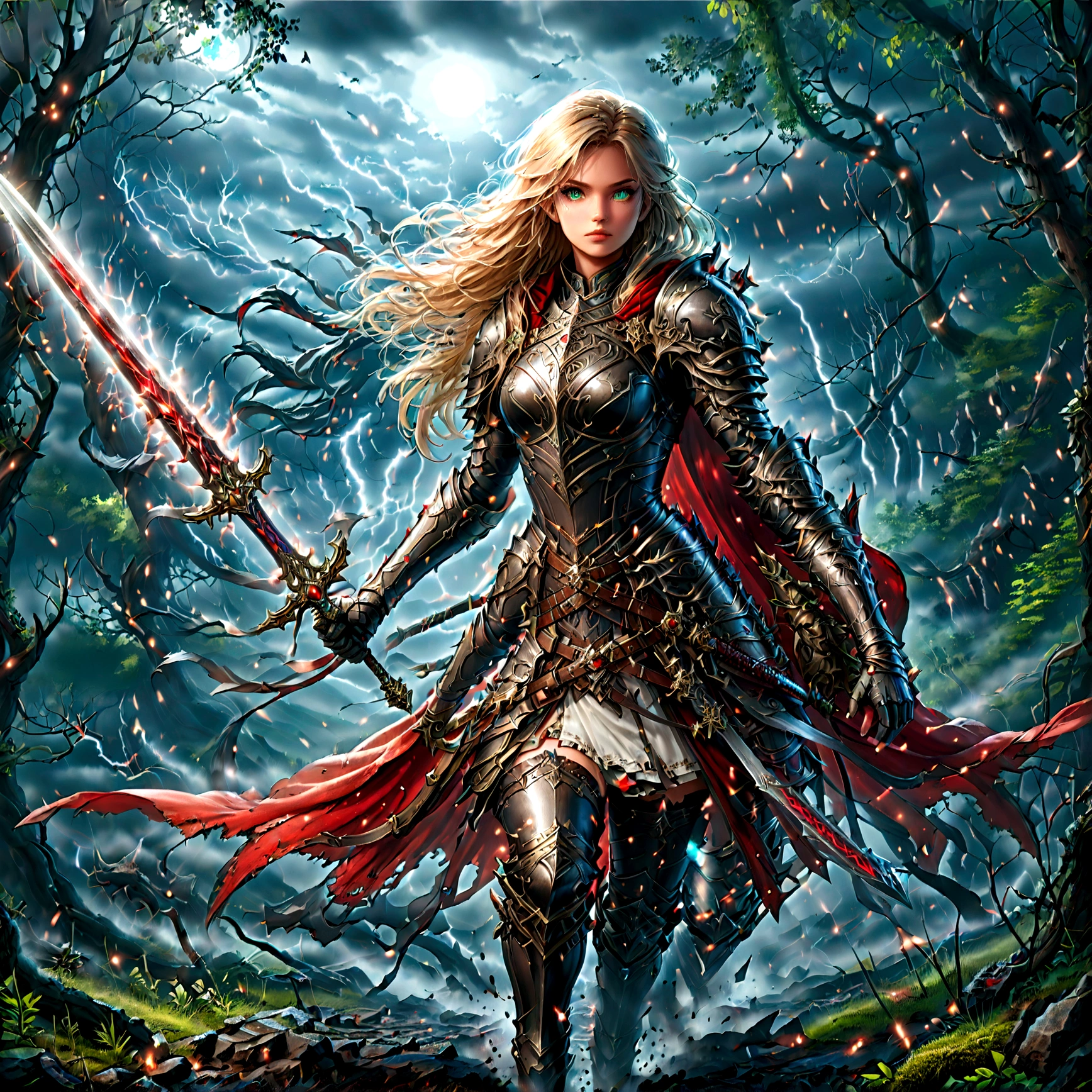 fantasy art, RPG art, Dark fantasy art, ultra wide shot, RAW, photorealistic, a picture of (1single: 1.5) female human ranger, the ranger, an exquisite beautiful human woman, long blond hair, braided hair, green eyes, wearing leather armor, wearing (red cloak: 1.1), armed with a (sword: 1.3), wearing laced boots, standing in a dark forest at night, (mist rising from the grounds: 1.3), a sense of dread and fear, yet she stands defiant and fearless, dark fantasy forest background, best quality, 16k, [ultra detailed], masterpiece, best quality, (ultra detailed), full body, ultra wide shot, photorealism, Sword and shield, aetherpunkai