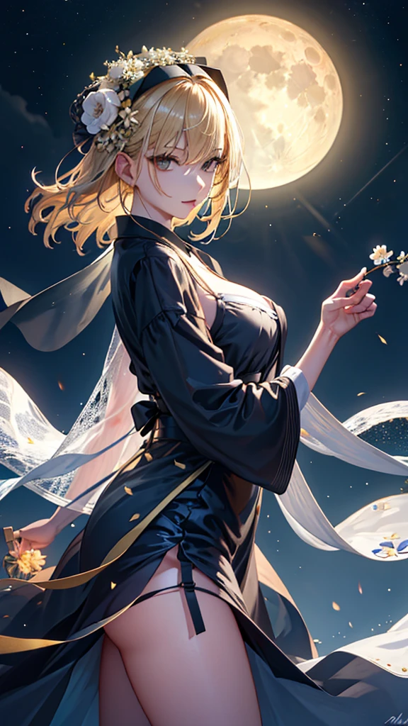 masterpiece, high quality, 4K, Beautiful design, silhouette，blonde， 非常に詳細な夜のStarry Sky,Flower Field， wonderful, Finer details,  Very knowledgeable woman,Devil Highly detailed solo, 1 female,Big Breasts，camisole，mini skirt，garter belt，Night view，Starry Sky，full moon，