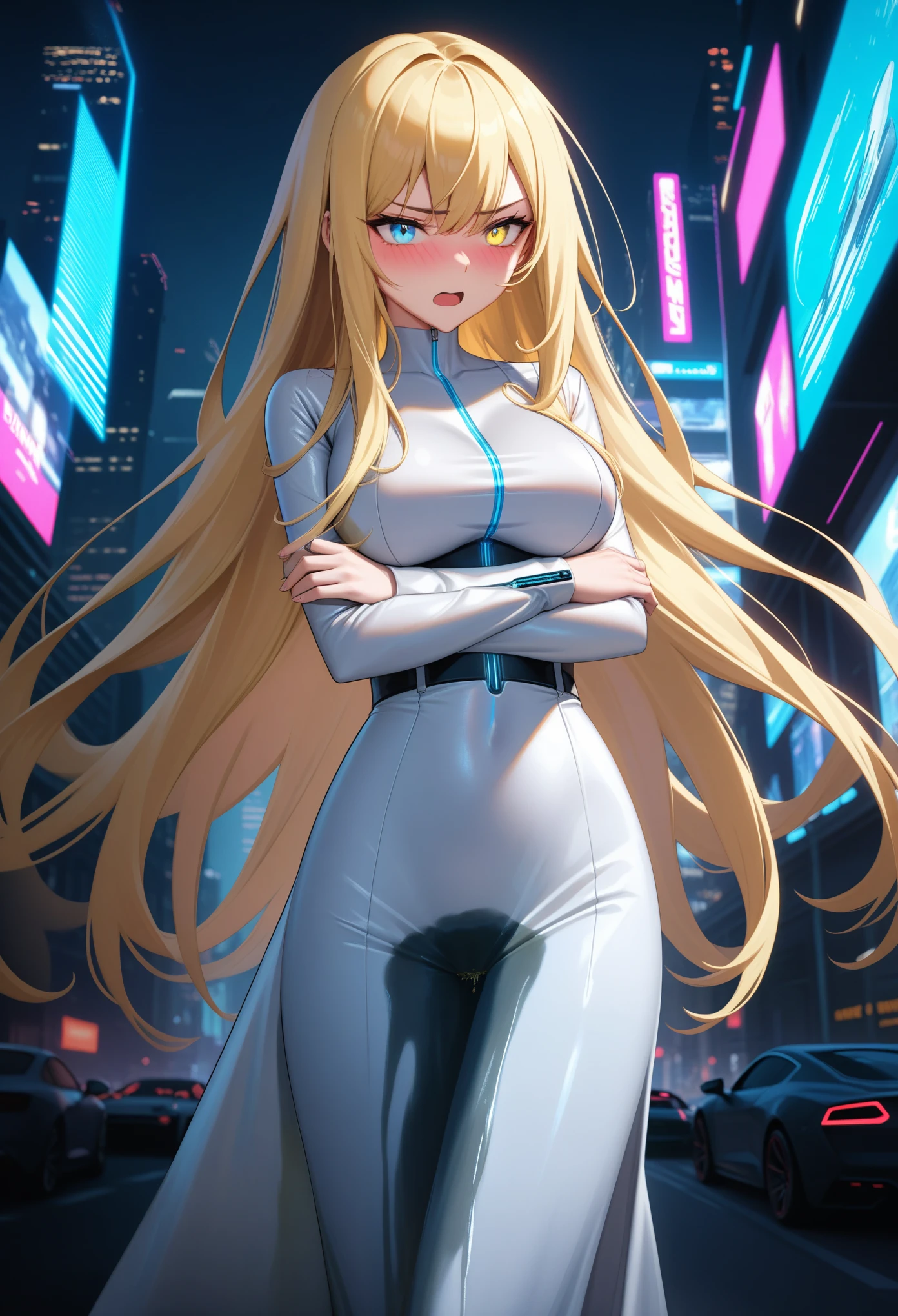 (high quality,Very detailed:1.37, High resolution), Woman, (very long hair:1.5), blonde hair, (multicolored eyes:1.5), blue eyes, yellow eyes, large breasts, (wetting herself:1.5), standing, (long tight dress:1.5), (arms crossed:1.5), (embarrassed:1.5), (humiliation:1.5), (angry:1.25), (blushing:1.5), open mouth, Cyberpunk Style, Cyberpunk Cityscape, Neon Light, High-tech accessories, Meticulous details, (extremely detailed eys:1.37), Glowing LED pattern, Urban scenery, Futuristic elements, Mysterious Aura, ,Flying cars racing through the air, Holographic Advertising, Visually stunning architecture, Energetic and dynamic poses, Gives off a powerful aura, The cityscape reflected in her metallic eyes, Graceful movement amidst chaos, A moonlit sky with a futuristic hue, Pulsating Electronic Soundtrack, Enhanced Augmented Reality Overlays, Interacting with virtual objects in the environment