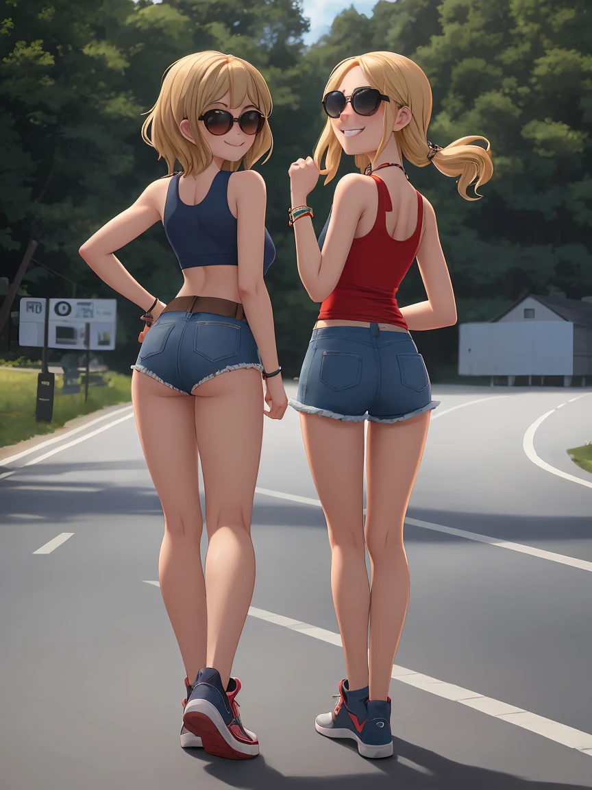 Blonde girl, , thin, long, buck-toothed, freckled, flat chest, small pert butt, slender legs and arms, sunglasses, thick necklace, wristband, red tank top, denim micro shorts, sneakers, cheeky smile, hitchhiking on a highway, ecchi manga, dynamic back view, full body, Takei Hiroyuki style, masterpiece, CG, HD12K,