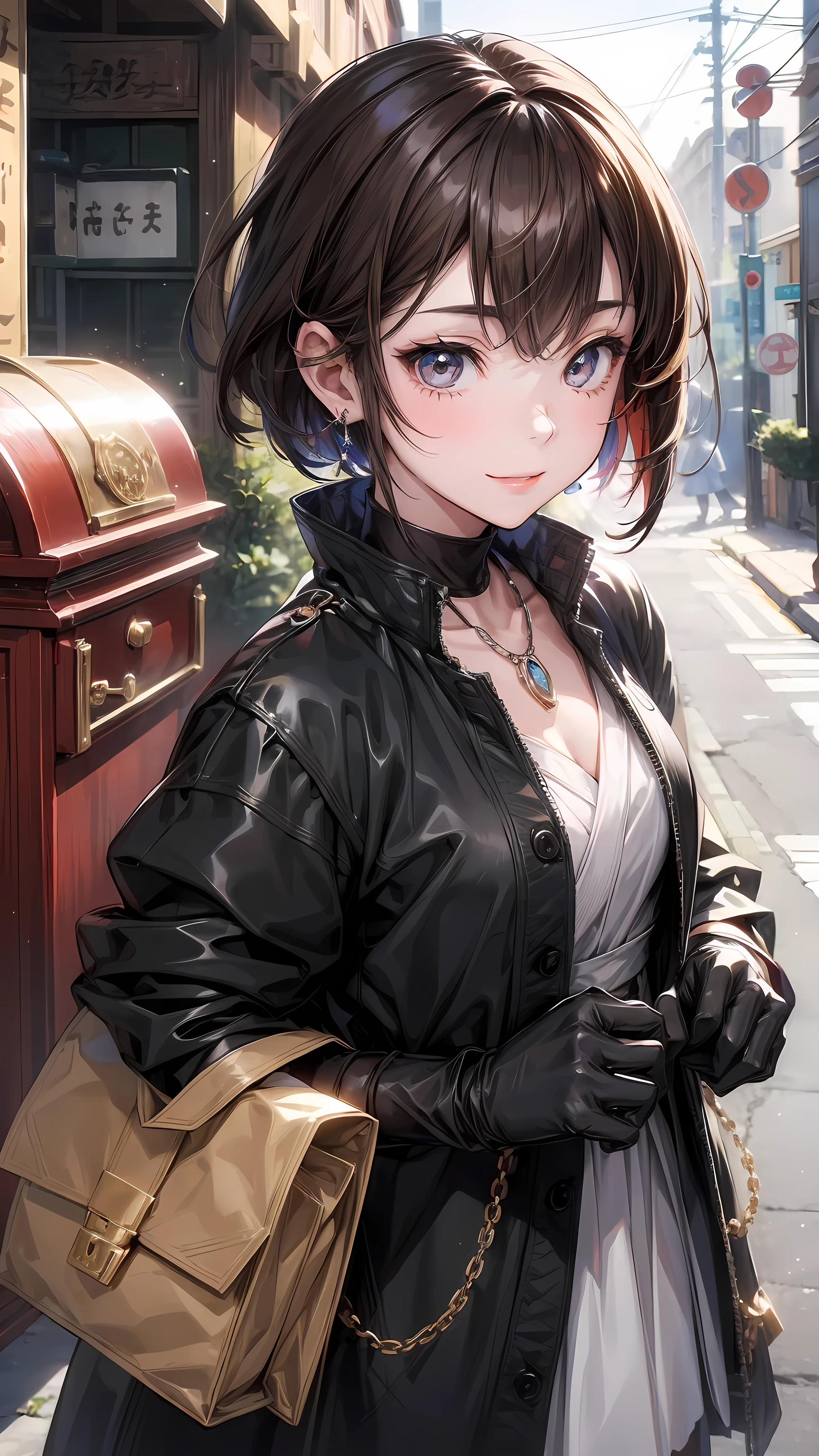 1 fille, dessins animés japonais_teinture, noir_œil, noir_gants, brun_cheveux, collier, des boucles d&#39;oreilles, gants, bijoux, boîte aux lettres, parodie, court_cheveux, sourire, Solitaire, style_parodie,  