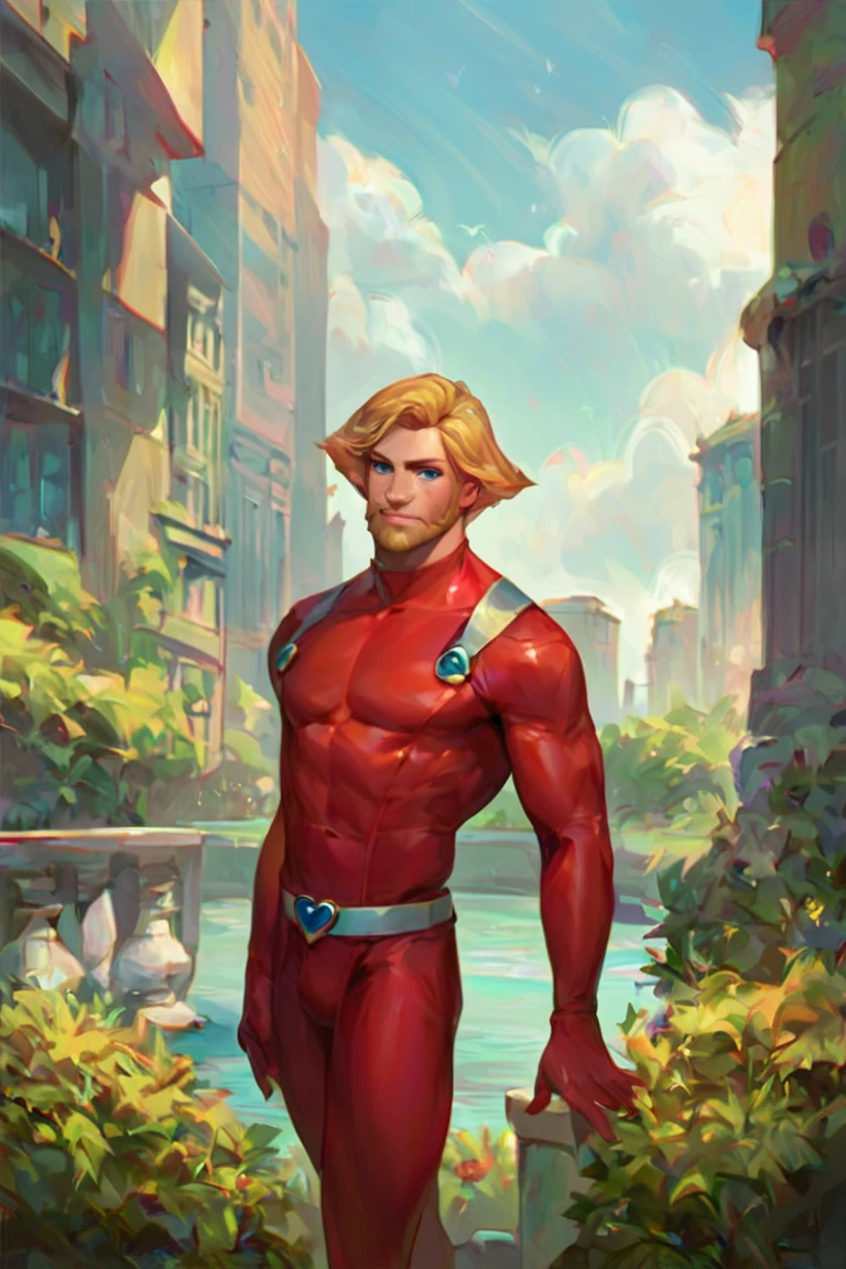 score_9, score_8_up, score_7_up, clover \(totally spies\), blonde hair, short hair, blue eyes, beard, red bodysuit, belt, 1boy, solo, male focus, mature male, looking at viewer, cowboy shot, standing, outdoors, city, building 