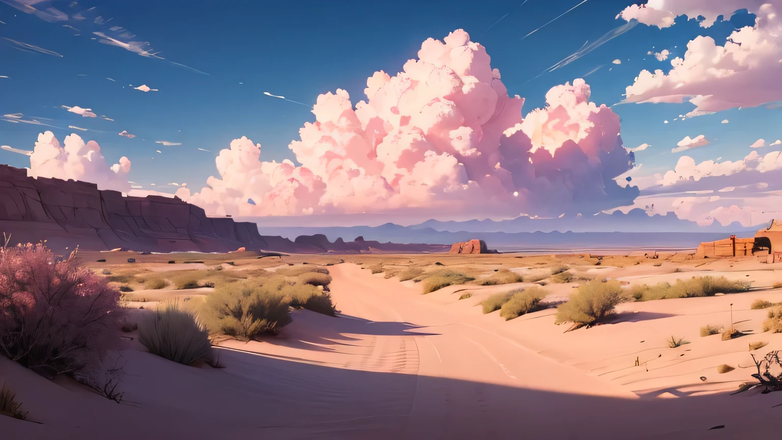 Summer, desert, pink clouds, a land overgrown with roses, James Gurney, art station rendering, ultra-wide lens, high definition