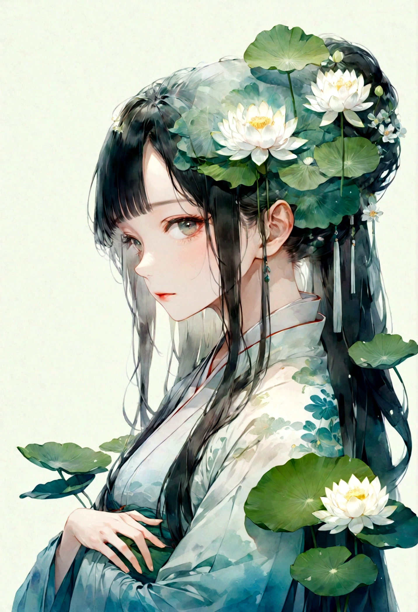    中国の漢服を着た長い髪の美しく詳細な女の子の二重露光フラットベクター(顔はきれい, 美しくて完璧)画像 ( 完璧な解剖学的構造 ) ，背景は半透明で、大きな白い蓮の花と大きな蓮の葉がぴったりです, 美しく, 複雑なイラスト,   夢のような幻想的なアートワーク、コンセプチュアルなアートワークの傑作, 最高品質, 非常に詳細な, 高品質で細心の注意を払った水彩画スタイルのフラットベクター 

                          