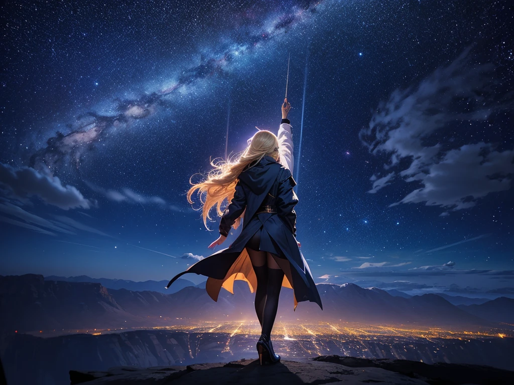 １people々々々々,Blonde long hair，Long coat，silhouette，dancer， Rear View，Space Sky, milky way, Anime Style, Dancing Petals，Night view of the city from the mountainside，