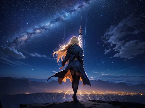 １people々々々々,Blonde long hair，Long coat，silhouette，dancer， Rear View，Space Sky, milky way, Anime Style, Dancing Petals，Night view...