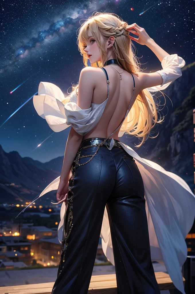 １people々々々々,Blonde long hair，silhouette， Rear View，dancer，Space Sky, milky way, Anime Style, Dancing Petals，Night view of the city from the mountainside，