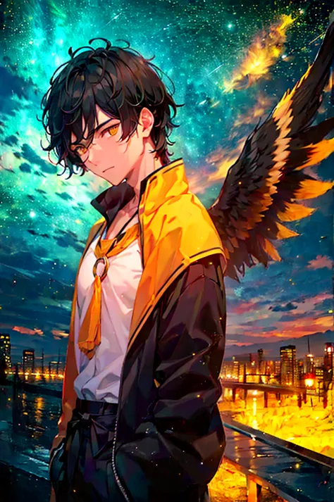 a man, short black hair, bright yellow eyes, golden wings. a city, night, starry sky, bright moon