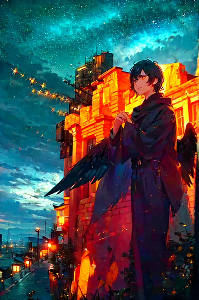 a man, short black hair, bright yellow eyes, golden wings. a city, night, starry sky, bright moon