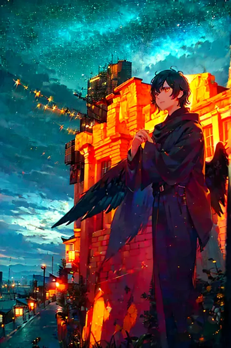 a man, short black hair, bright yellow eyes, golden wings. a city, night, starry sky, bright moon